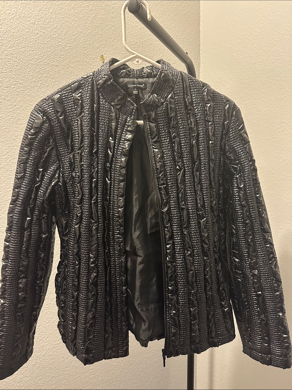 Samuel Dong Black Quilted Gloss-Trim Leather Jacket